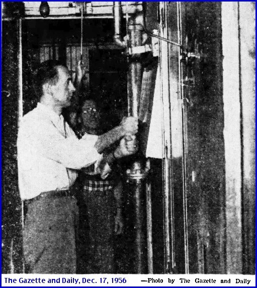 Marlin L. Ryan practices for his 1st Christmas Eve Factory Whistle Concert; assisted by Harry L. Fetrow, maintenance supervisor (The Gazette and Daily, Dec. 17, 1956; from Newspaper Microfilms at the York County Heritage Trust)