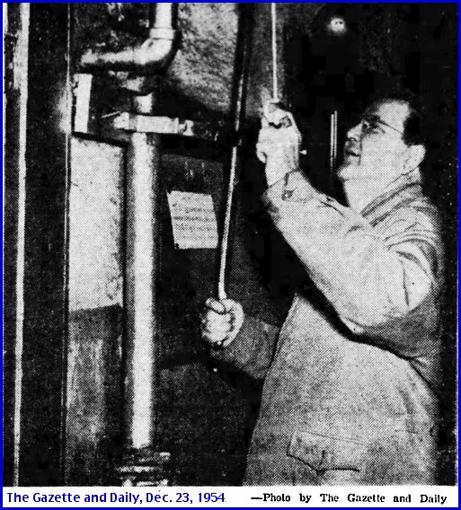 Karl Alex Smyser practices for his 28th Christmas Eve Factory Whistle Concert (The Gazette and Daily, Dec. 23, 1954; from Newspaper Microfilms at the York County Heritage Trust)