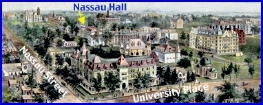 Part of 1895 Bird’s Eye View of Princeton by John Kyes & Charles Woodbury (Street Names and Arrow pointing to Nassau Hall by S. H. Smith, 2013)