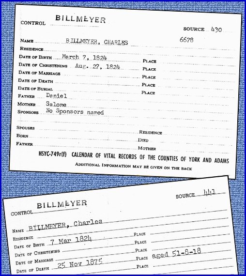 Billmeyer Vital Record Cards from York County Heritage Trust