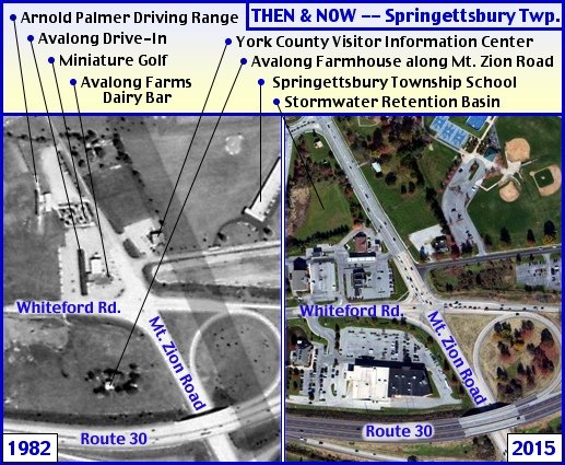 THEN & NOW Aerial Photos at the intersection of Mt. Zion Road and Whiteford Road in Springettsbury Township (THEN photo from York County Archives and NOW photo from Bing.com; Annotations by S. H. Smith, 2015)