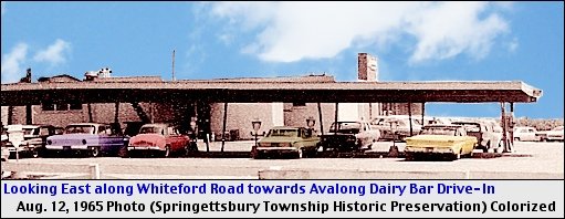 Looking East along Whiteford Road towards Avalong Dairy Bar Drive-In on August 12, 1965 (Springettsbury Township Historic Preservation Committee; Colorized by S. H. Smith)